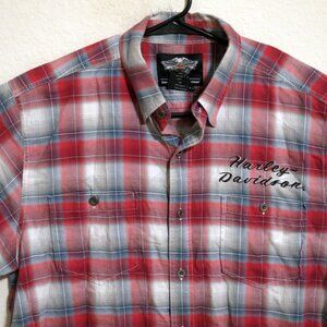 Harley Davidson Shirt Mens Large Short Sleeve Button Red White Striped Mechanic